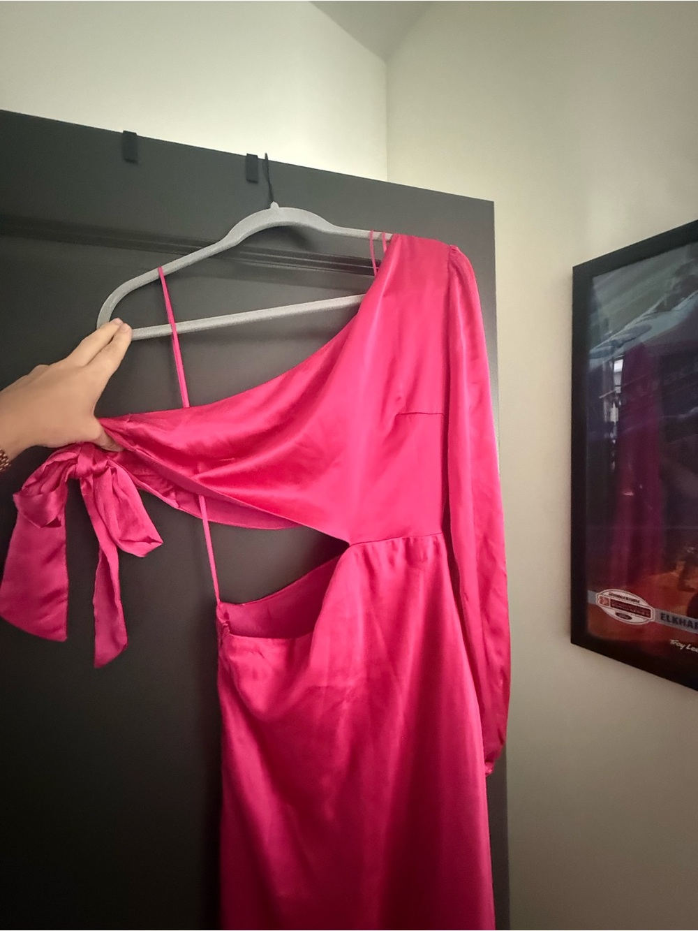 mittoshop Hot Pink One-Shoulder Cutout Satin Dress with Tie Detail